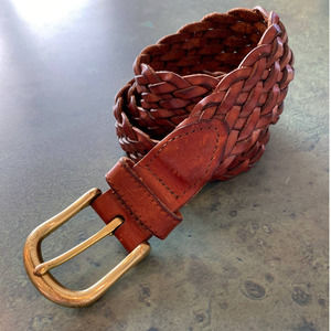 Vintage brown leather belt Boho woven braided unisex retro brass buckle waist 26